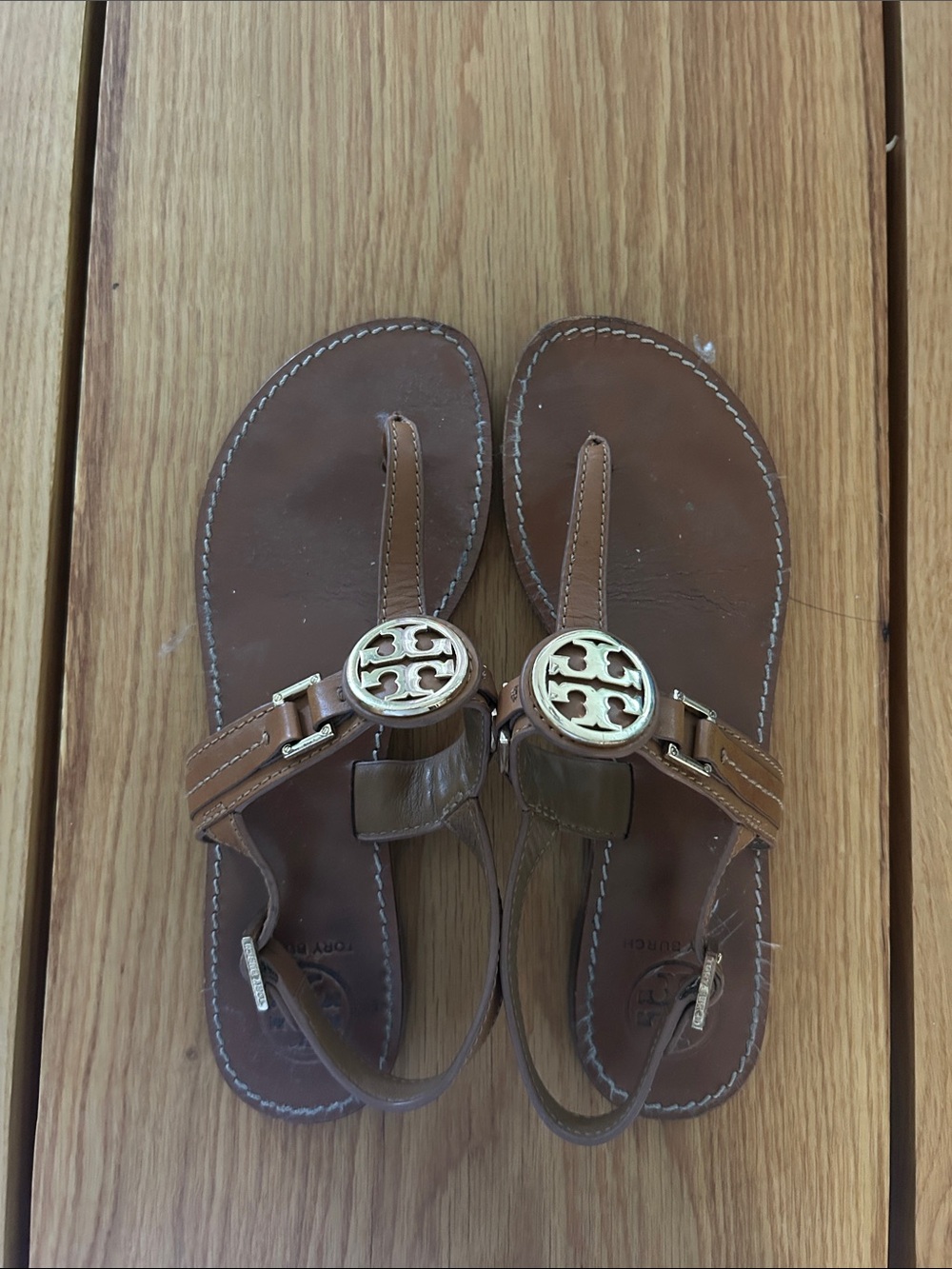 Tory Burch Brown Leather Logo Medallion Thong Sandals